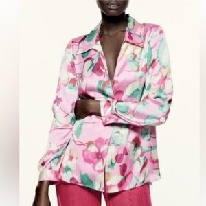 Zara Pink Flora Satin Button Down Top